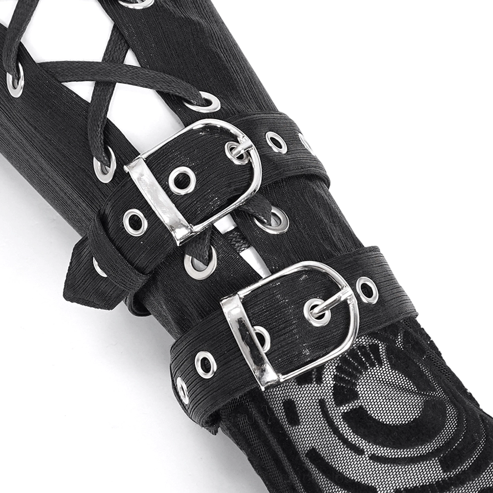 Close-up detail of cyberpunk gauntlet buckle hardware, silver metal fasteners, and circuit-inspired tech print pattern