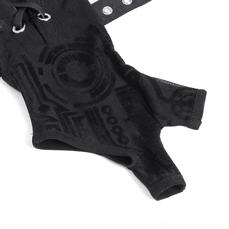 Single fingerless black cyberpunk arm gauntlet with tech print pattern and lace-up tie design flat side view