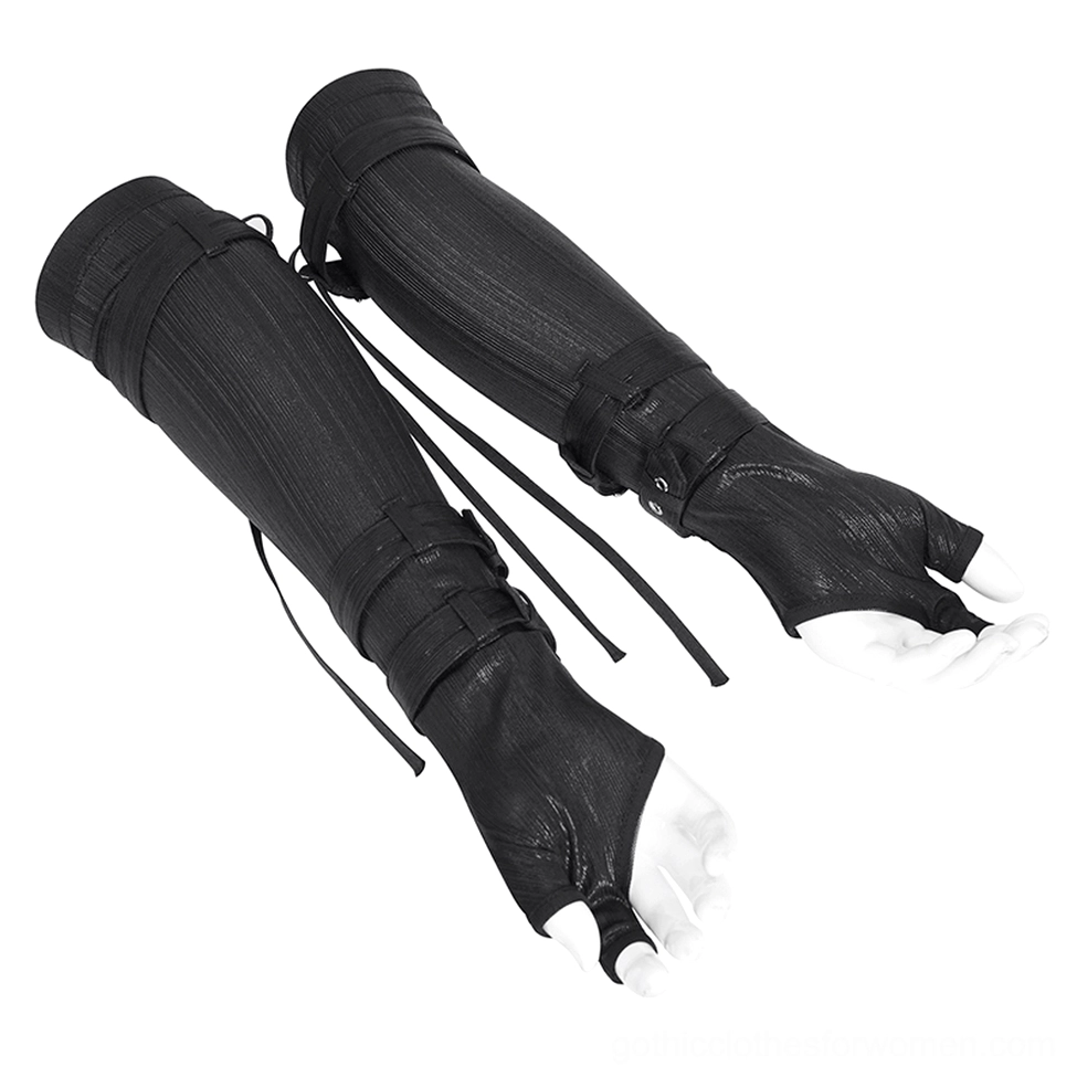 Black matte cyberpunk arm gauntlets with adjustable metal buckle fasteners and textured lace-up ties side view