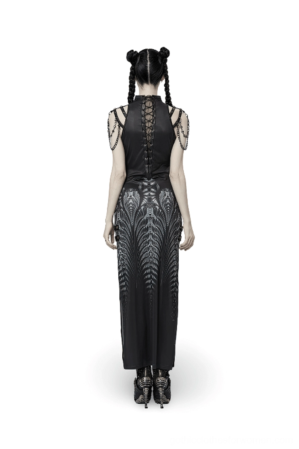 Cyberpunk gothic dress rear view showing lace-up back design, slim fitted silhouette, and chain shoulder hardware detail