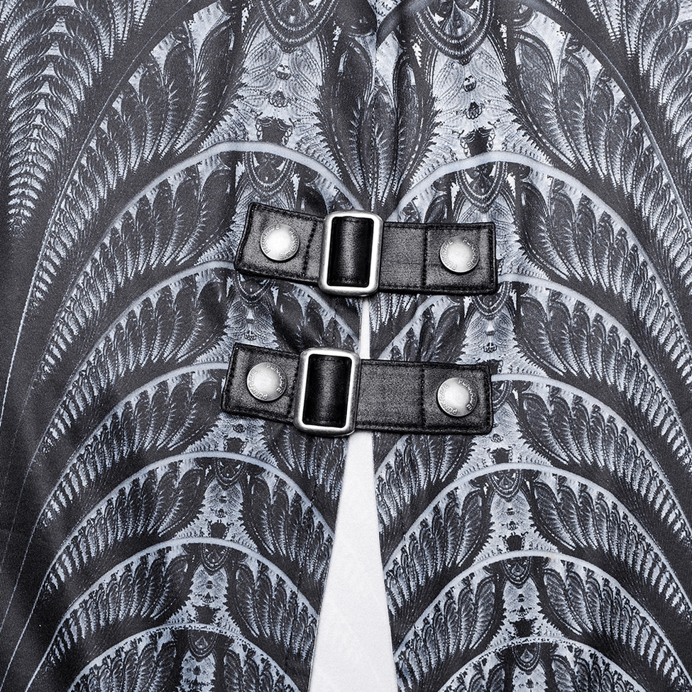 Close-up detail of cyberpunk gothic dress twin leather buckles and feather-like printed pattern on fabric