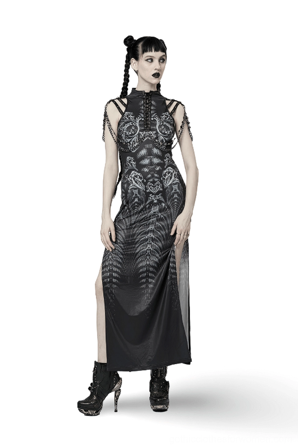 Cyberpunk gothic maxi dress front three-quarter view with sci-fi print, metal chain shoulder straps, side slit, and lace-up details on white background