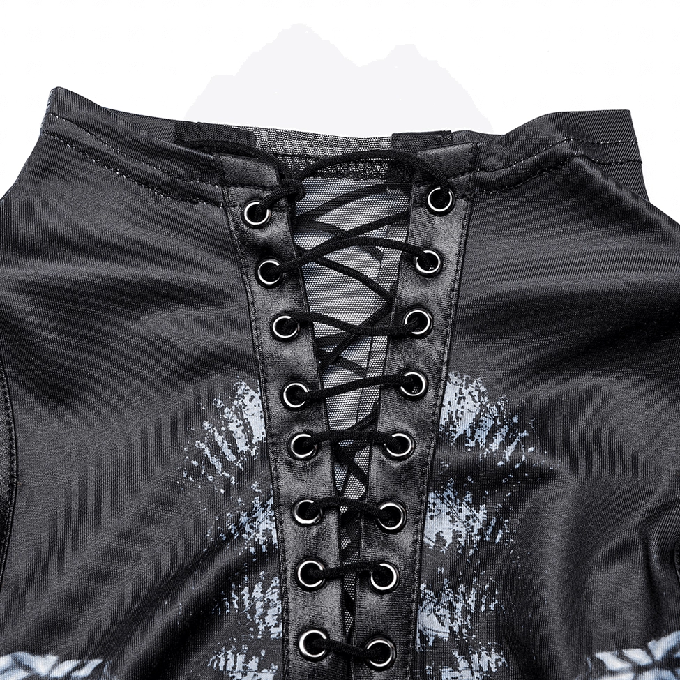 Close-up of cyberpunk gothic dress lace-up detail with metal eyelets and high stand collar hardware