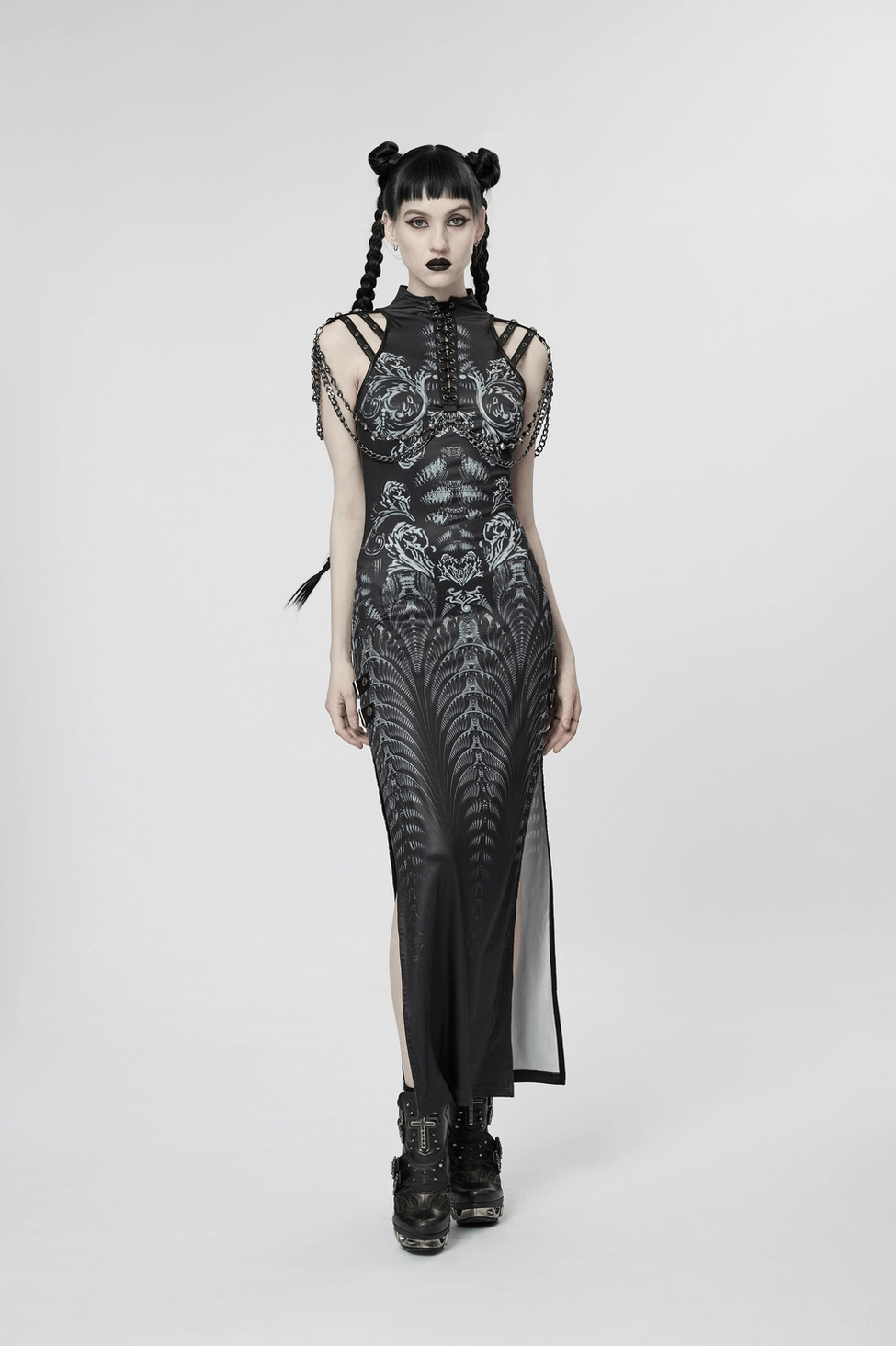 Cyberpunk gothic dress worn on model showing lace-up front design and decorative hardware styling