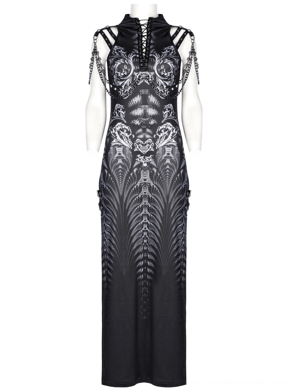 Cyberpunk gothic dress on mannequin rear view showing cutout lace-up back design and removable chain shoulder decorations