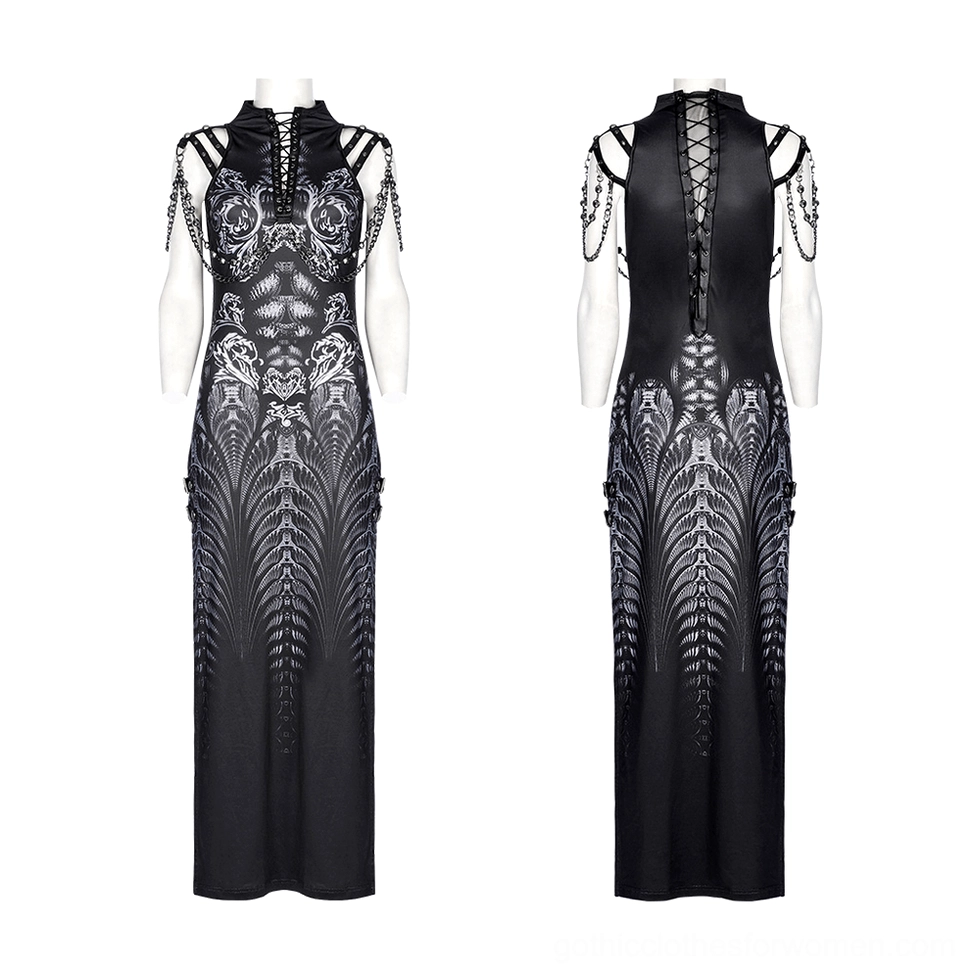 Cyberpunk gothic maxi dress on mannequin front view with stand collar, decorative lace-up front, and metal chain straps