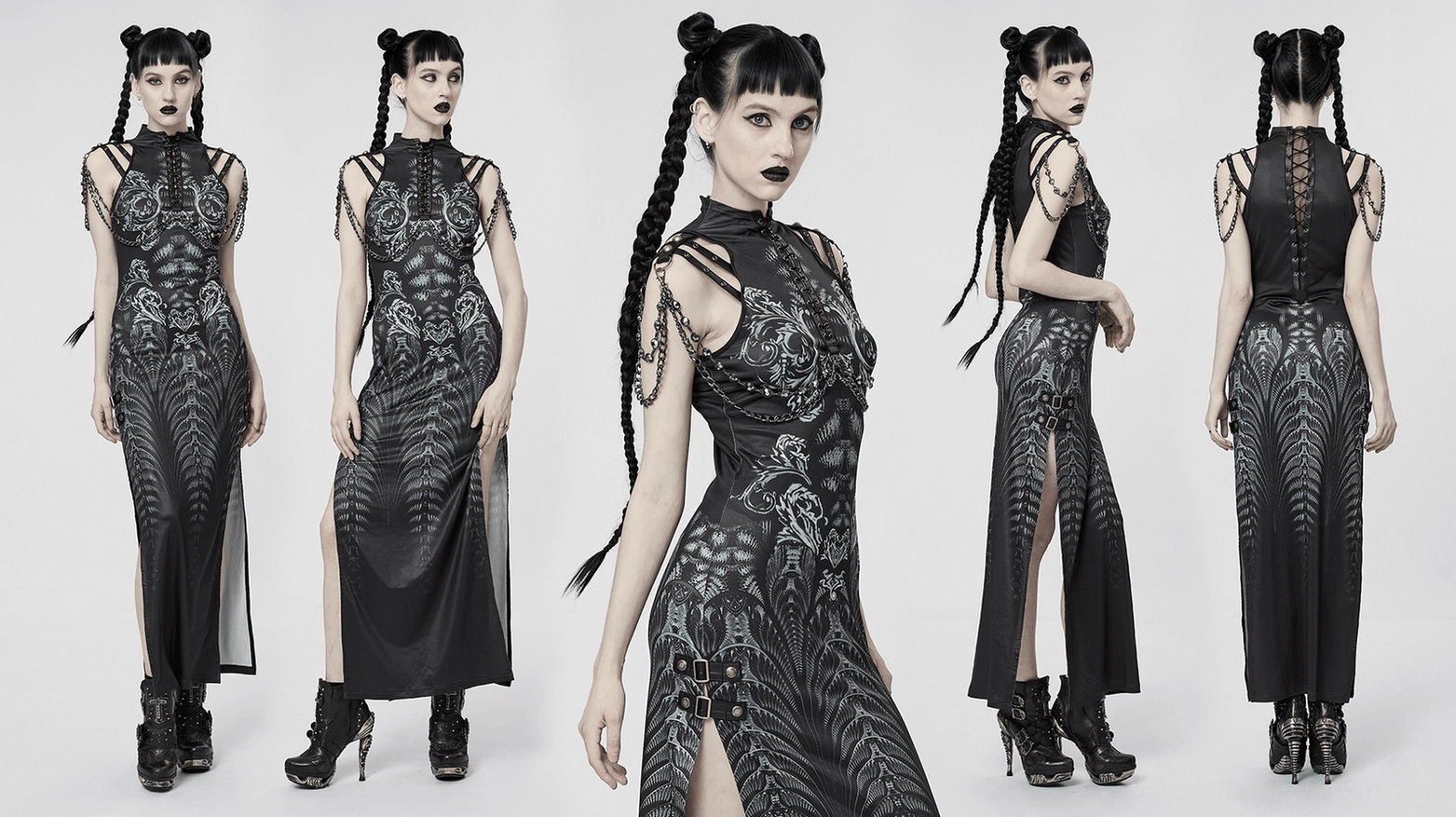 Cyberpunk gothic dress model wear featuring removable metal chains, side slit, and futuristic print design