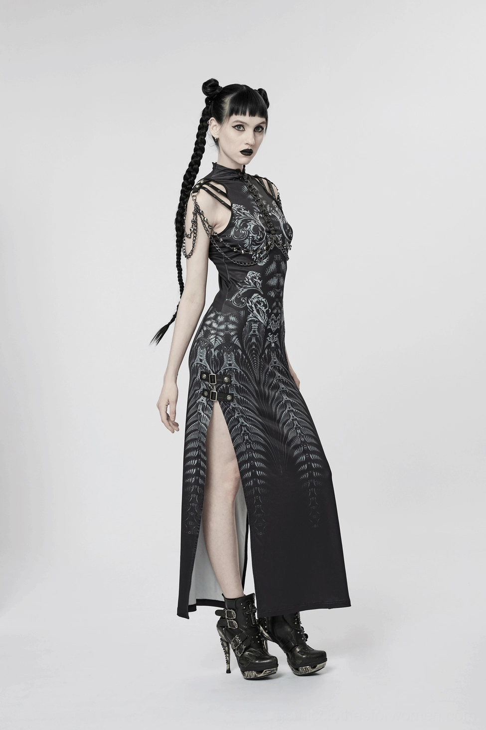 Cyberpunk gothic maxi dress detail view of print pattern and fabric texture on sleeveless silhouette