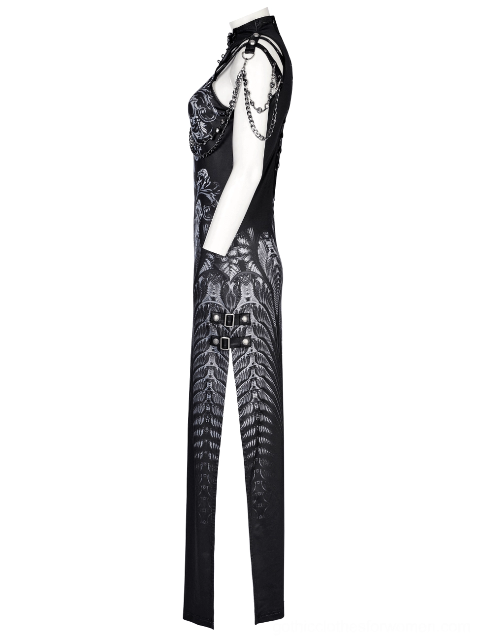 Cyberpunk gothic dress mannequin display featuring ornate sci-fi digital print pattern and sleeveless cut
