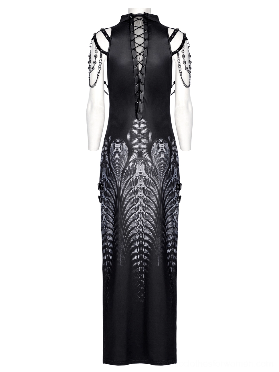 Cyberpunk gothic dress side view on mannequin showing decorative hip buckles and chain shoulder details