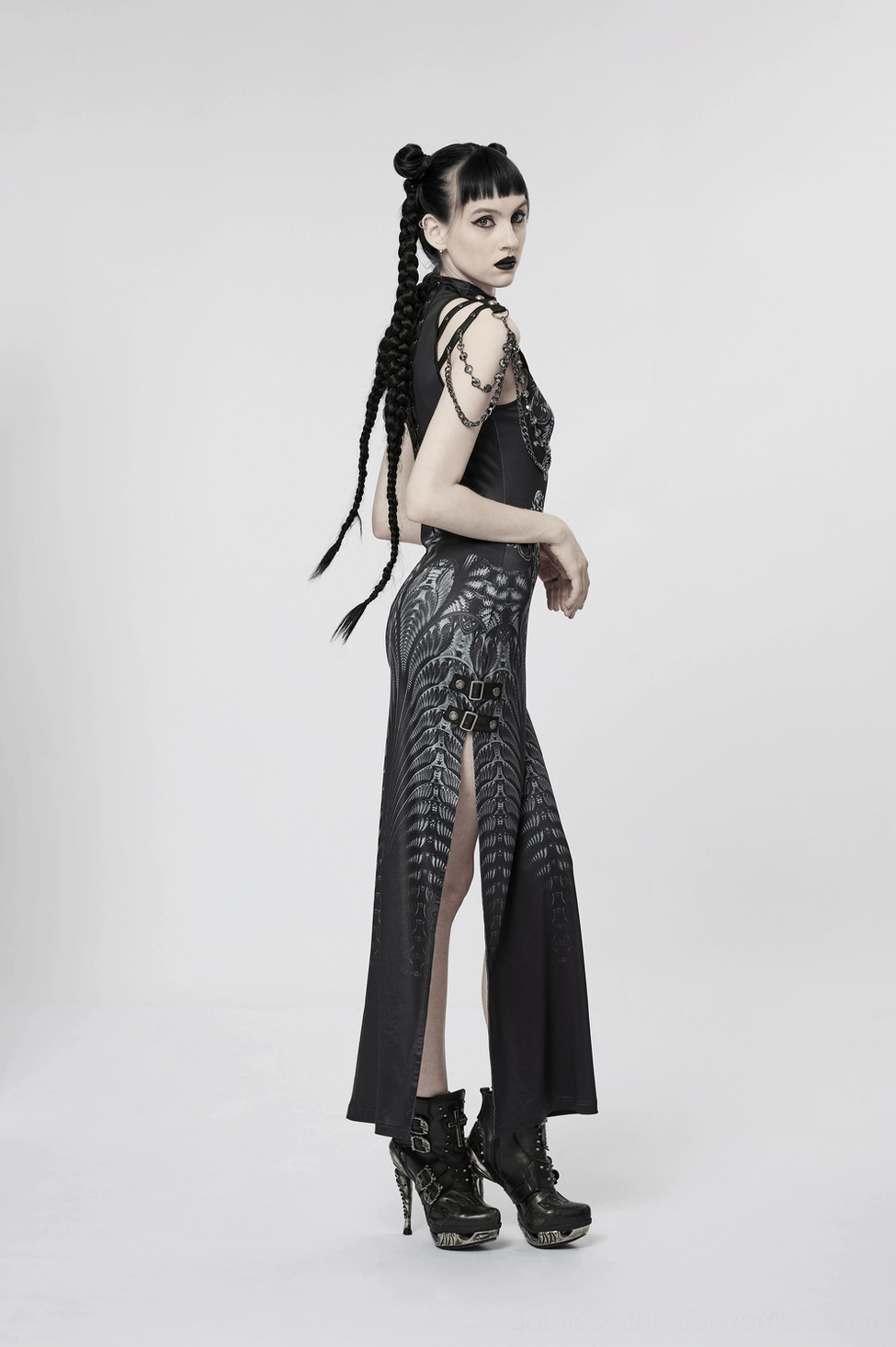 Cyberpunk gothic dress styling example showcasing lace-up details, chain straps, and dark aesthetic