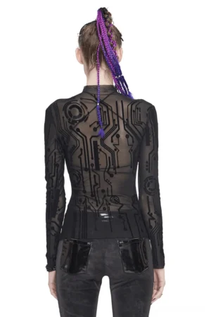 Back view of black cyberpunk gothic mesh top showing full circuit board print pattern, styled with dark leather pants