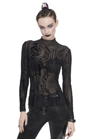Black cyberpunk circuit mesh long sleeve top with flocked digital pattern and high neckline, front view on model