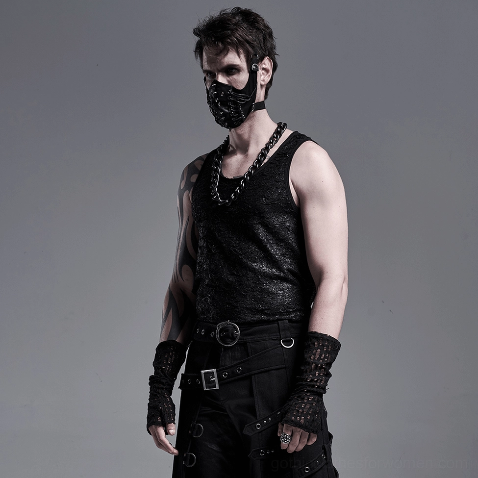 Male model wearing black tank top with distressed mesh fingerless gloves, cargo pants, and chain accessories