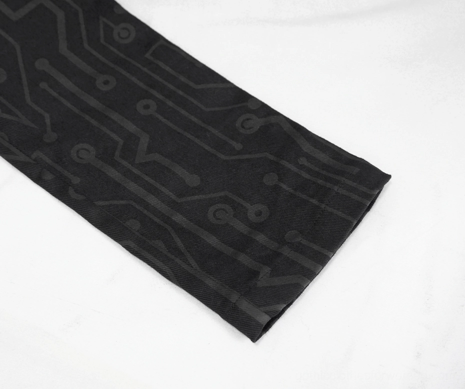 Circuit board print fabric texture detail on black cyberpunk gothic pants leg