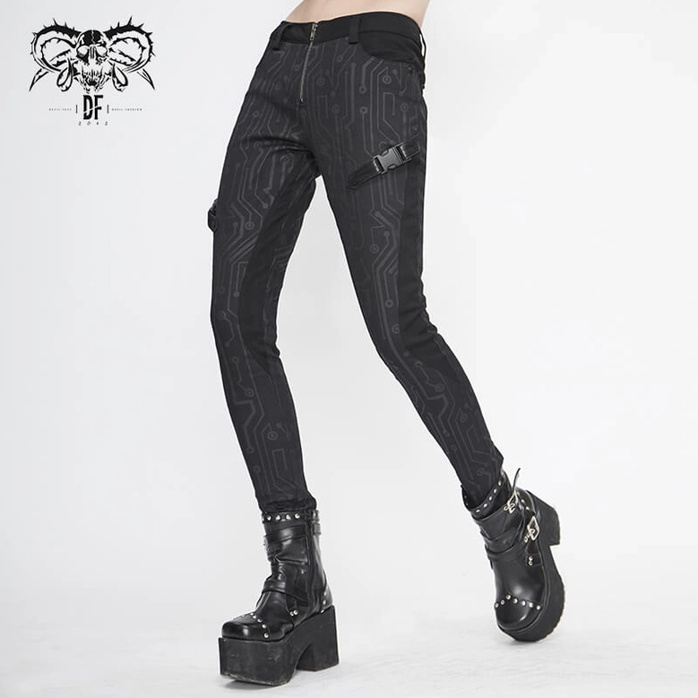 Lower leg and cuff detail showing circuit print on black gothic cyberpunk pants