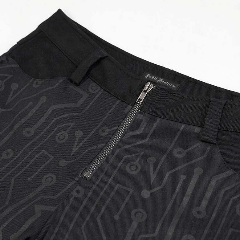Leg seam and circuit print pattern detail on black cyberpunk gothic pants