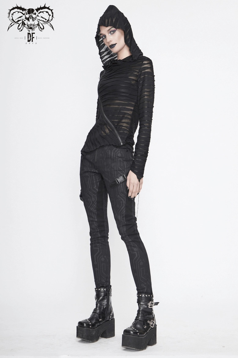 Upper leg and thigh fit detail on circuit printed black gothic cyberpunk pants
