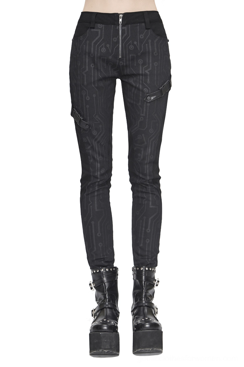 Black circuit board printed cyberpunk skinny pants front view on model with platform boots