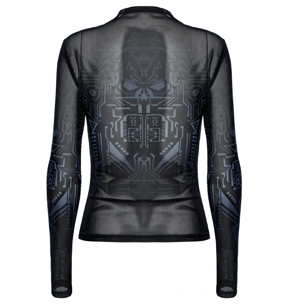Back flat lay of black mesh gothic top displaying detailed circuit skull print and mock neckline