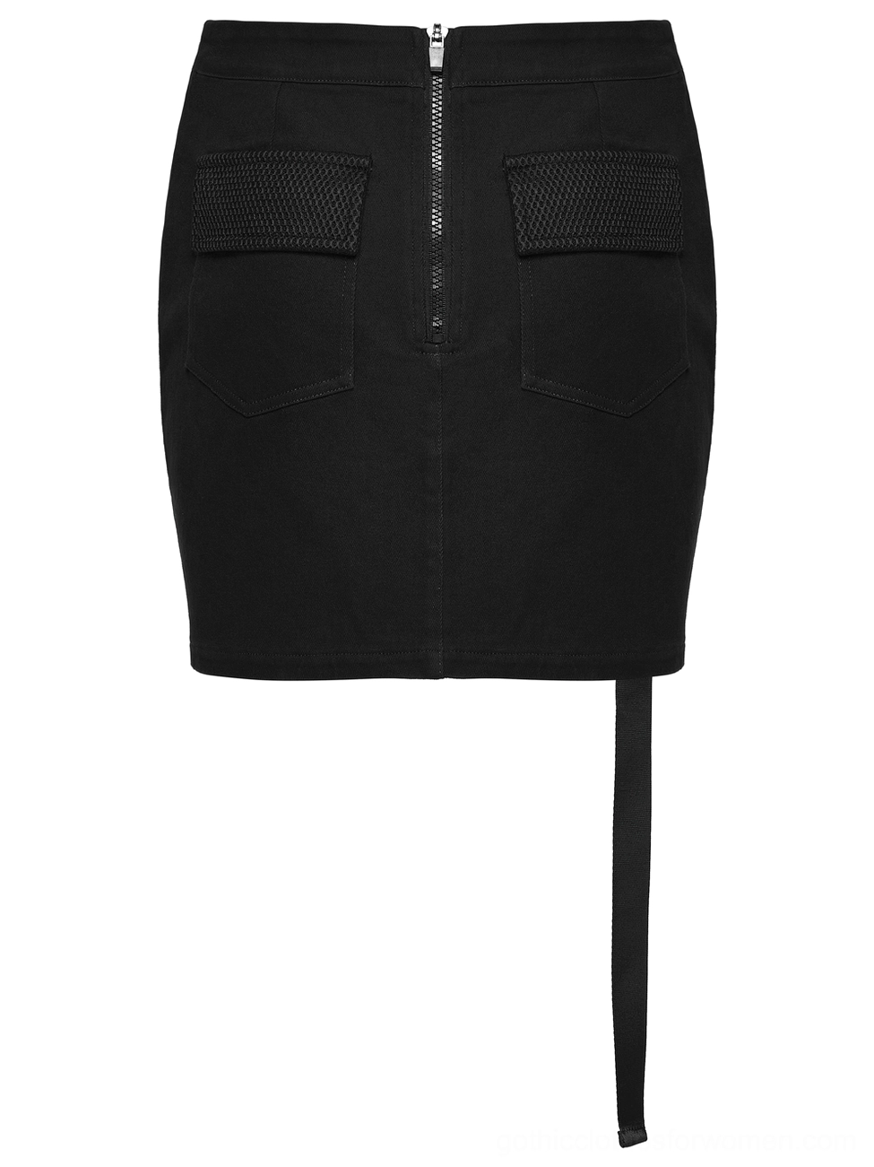 Black high-waisted cyberpunk bodycon mini skirt flat lay rear view featuring back zipper, dual front pockets and industrial hanging strap