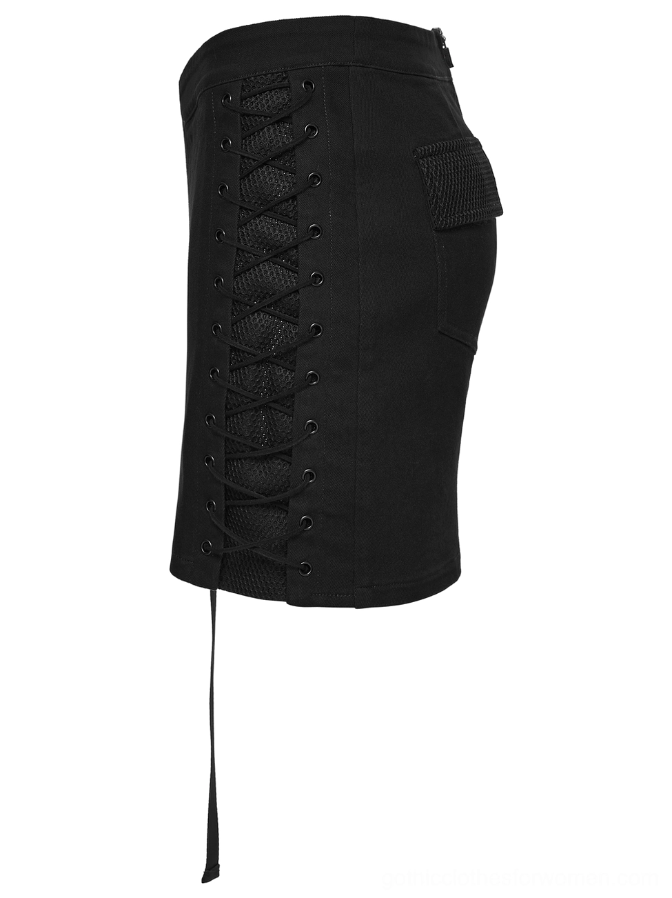 Black cyberpunk mini skirt with full lace-up side panel flat lay side view showing mesh underlay, metal eyelets and hanging tail strap