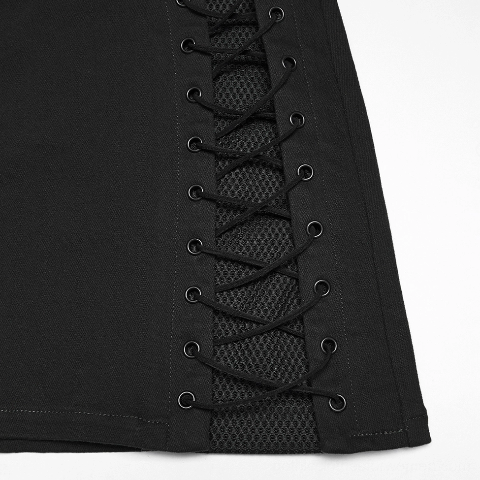 Black cyberpunk mini skirt lace-up side close-up detail showing mesh underlay, black lace cords and precision metal eyelet construction