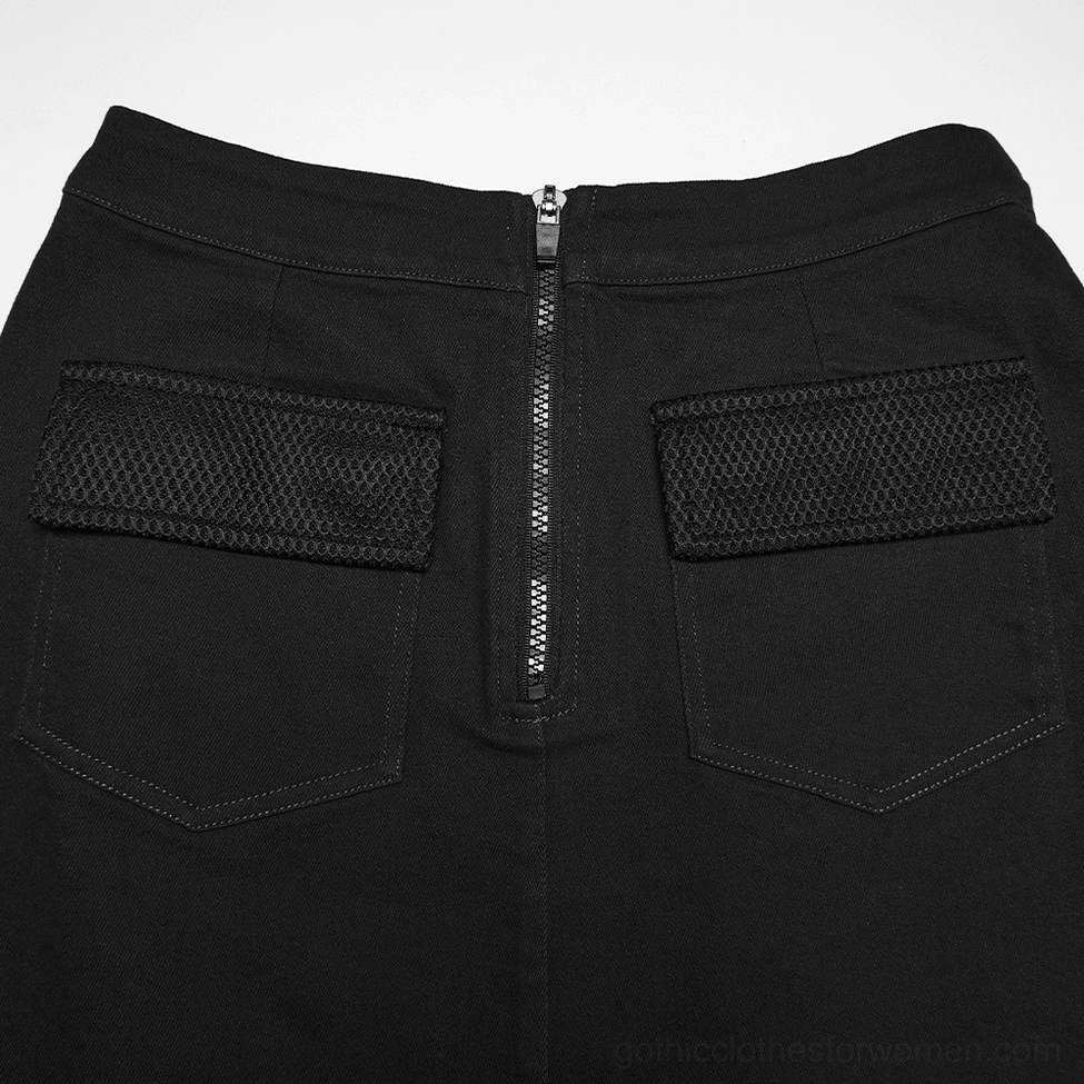 Black cyberpunk asymmetrical bodycon mini skirt hardware details showcasing metal eyelets, black rubber zippers and industrial construction elements