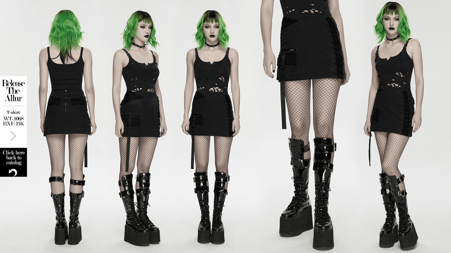 Black cyberpunk mini skirt lifestyle shot featuring street style alternative fashion pairing with combat boots and punk aesthetic