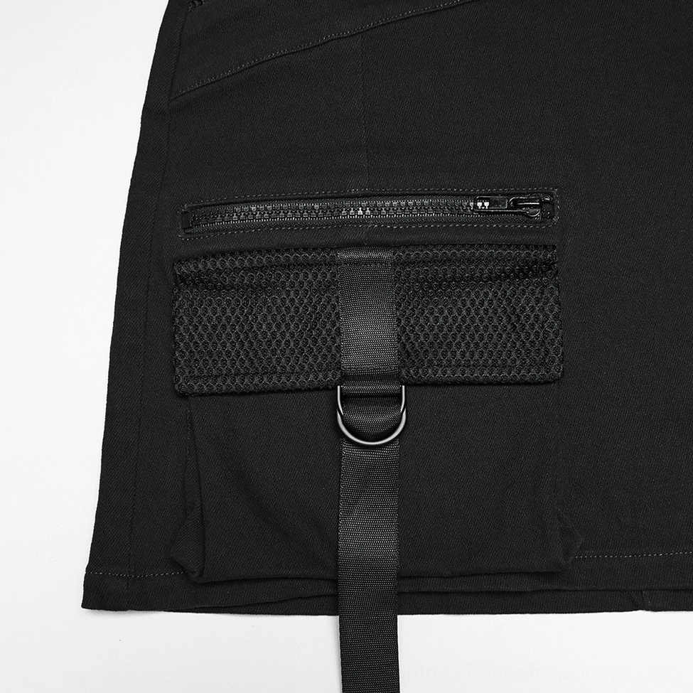 Cyberpunk black mini skirt utility pocket close-up detail with zippered mesh pocket, black leather D-ring strap and industrial hanging tail