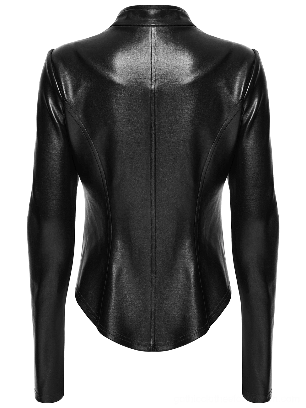 Women's cyberpunk gothic jacket rear flat lay view, uneven curved hem, seamless back panel, smooth rubberized knit texture, techwear design detail
