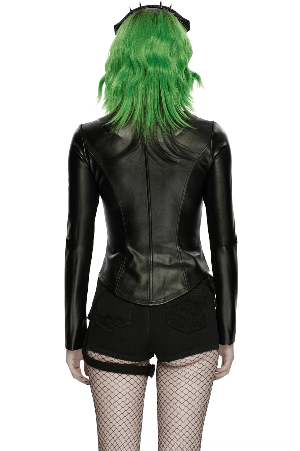 Black cyberpunk gothic moto jacket back view on model, curved hem detail, slim-fit silhouette, rubberized knit fabric with glossy PU finish