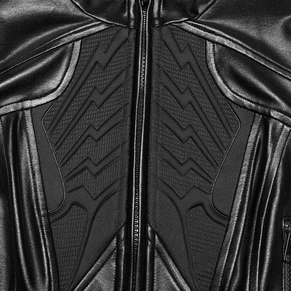 Close-up front detail of cyberpunk moto jacket, chevron textured panels, central metal zipper, glossy black PU rubberized finish, geometric techwear pattern