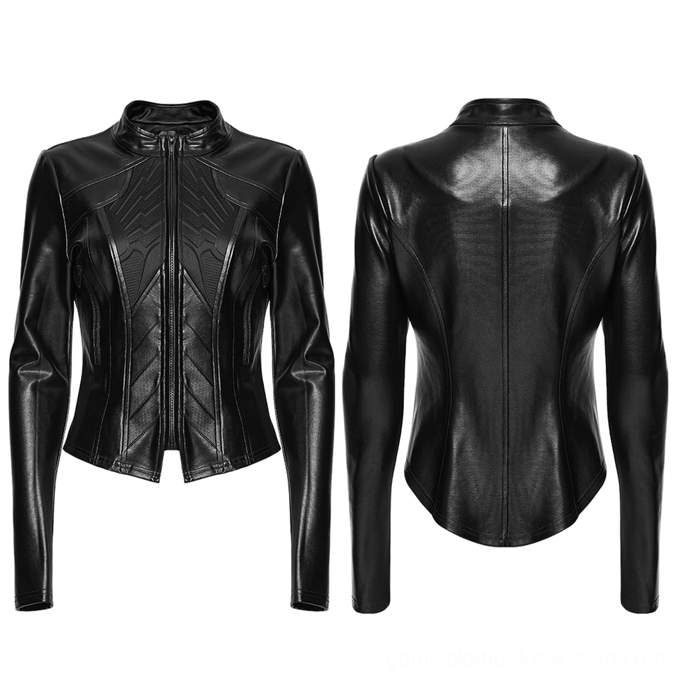 Black cyberpunk rubberized knit moto jacket flat lay front and back display, stand collar, full-length zipper, architectural techwear design