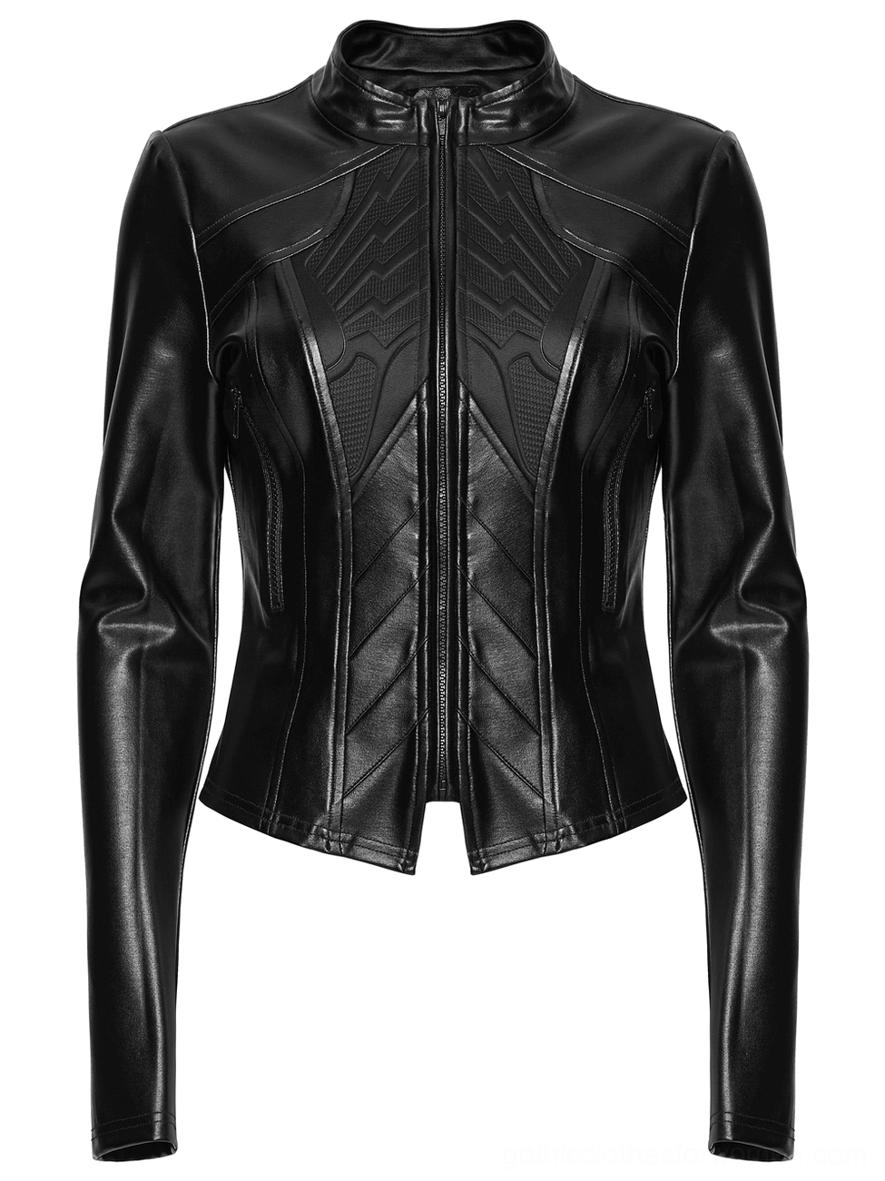 Women's cyberpunk gothic moto jacket front flat lay, slim-fit black rubberized knit, long fitted sleeves, structured bust panel, techwear aesthetic
