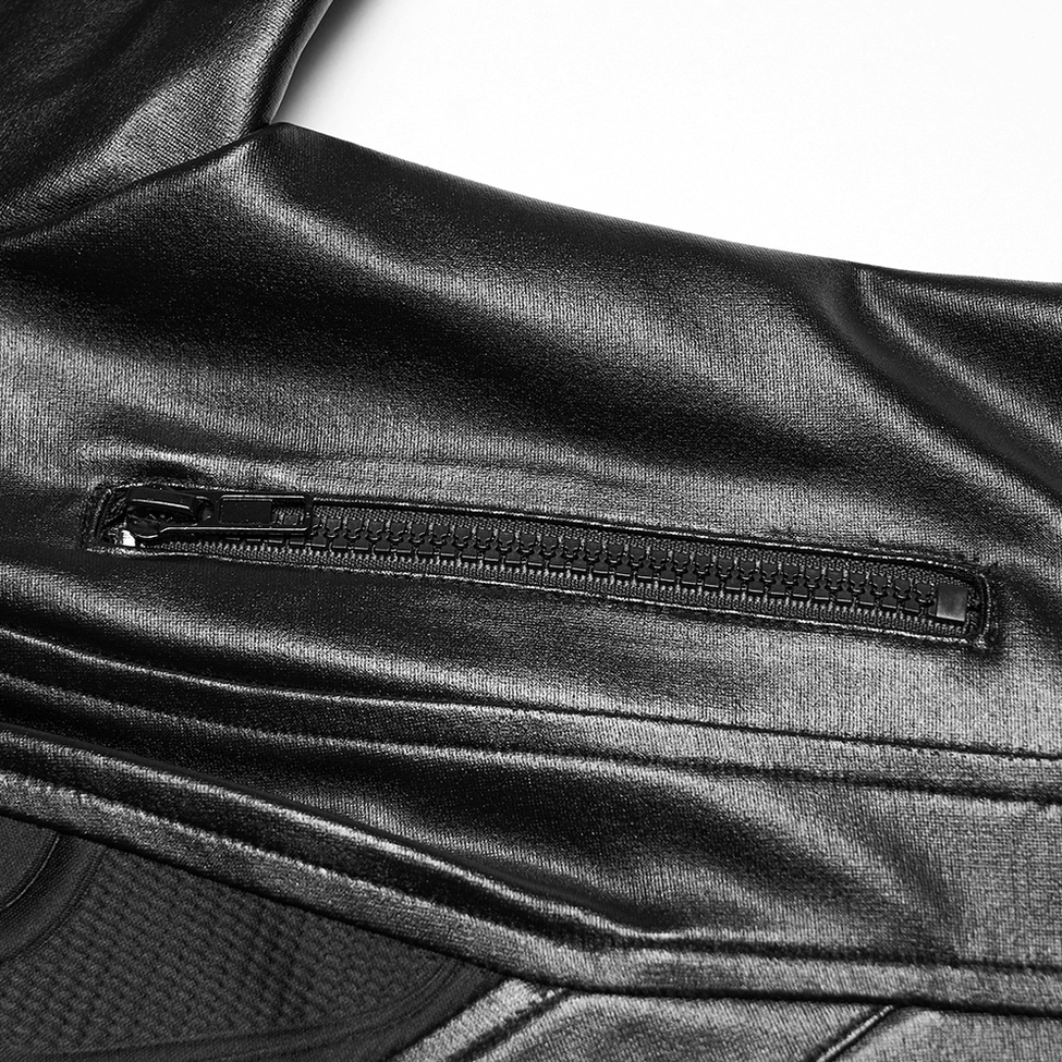 Black cyberpunk moto jacket hidden side zipper pocket detail, quality zipper hardware, smooth rubberized fabric, architectural techwear construction
