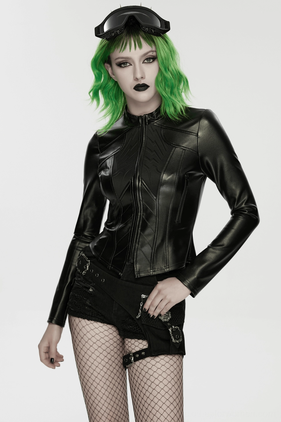 Black cyberpunk gothic moto jacket styled view, slim-fit silhouette, rubberized knit fabric sheen, techwear moto design, alternative fashion piece