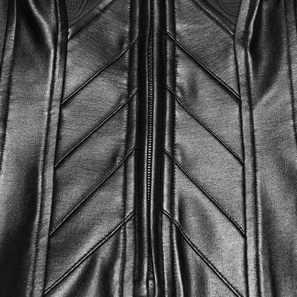 Cyberpunk gothic moto jacket zipper stitching detail, vertical stitched panels, quality metal hardware, fine rubberized leather grain texture
