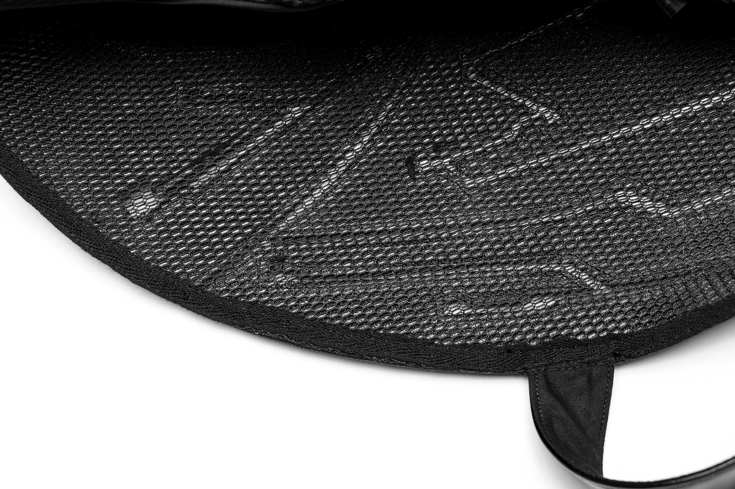 Patent leather one-shoulder cyberpunk harness with architectural geometric details and high-shine finish