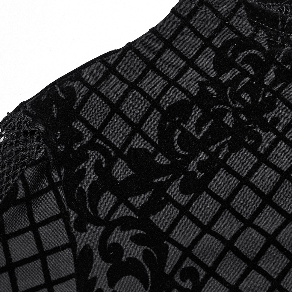 Fabric texture close-up showing velvet damask grid flocking print on black gothic jacket