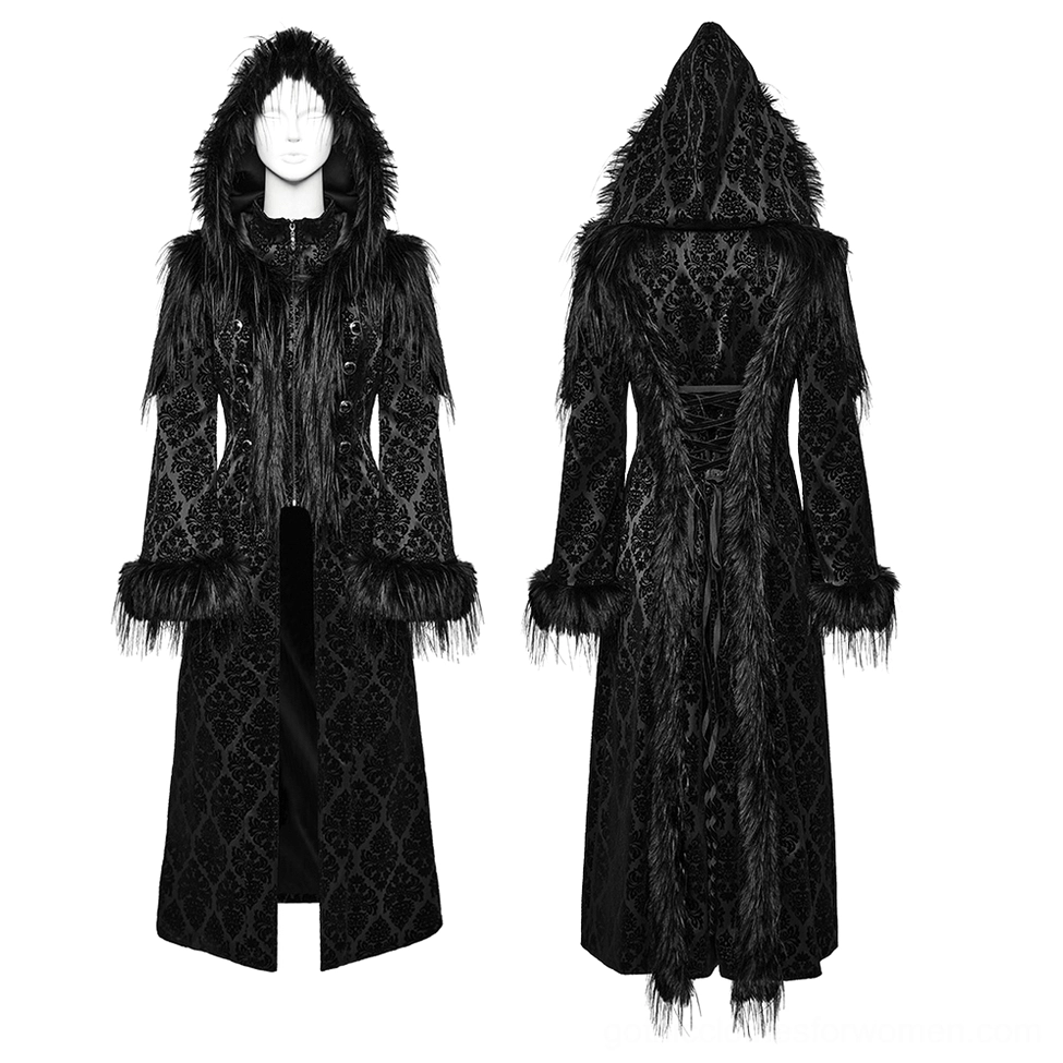 Victorian damask hooded coat front and back mannequin display with faux fur trim and floor-length hem