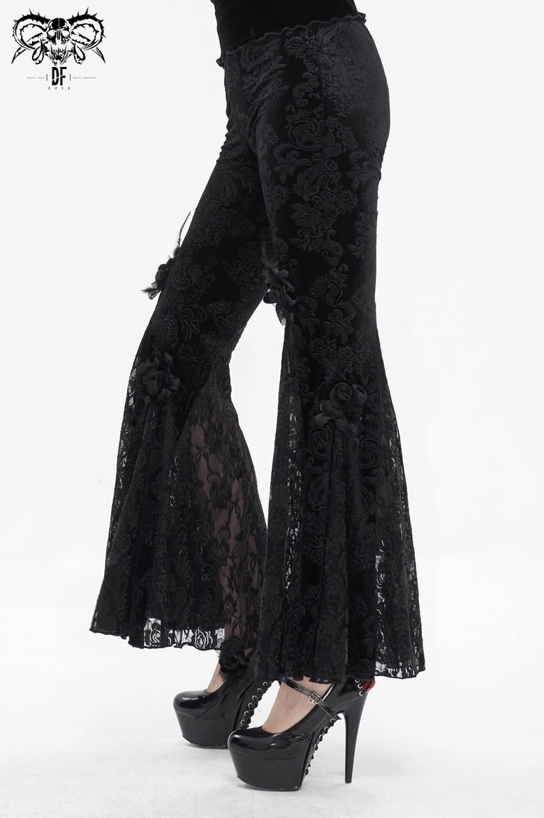 Black damask jacquard flared gothic pants with sheer lace inserts and embellished hem details