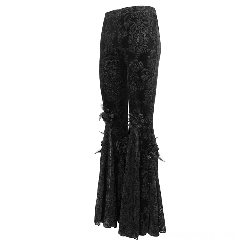 Black damask jacquard pattern lace flared pants side profile view showing fabric texture and construction