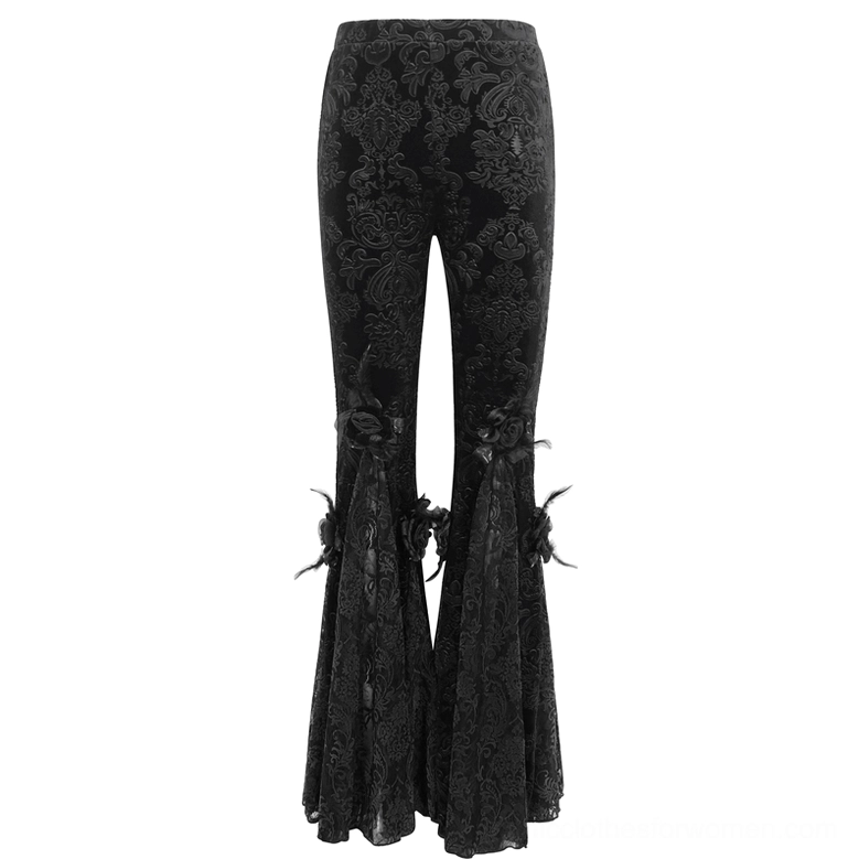Black damask jacquard lace flared pants front side angle with rose feather trim decorations, no model flat lay