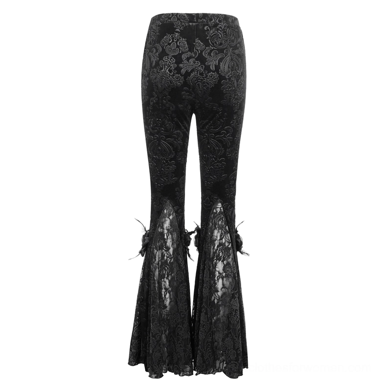 Black damask jacquard lace flared pants rear view showing full sheer lace flare details and embellishments