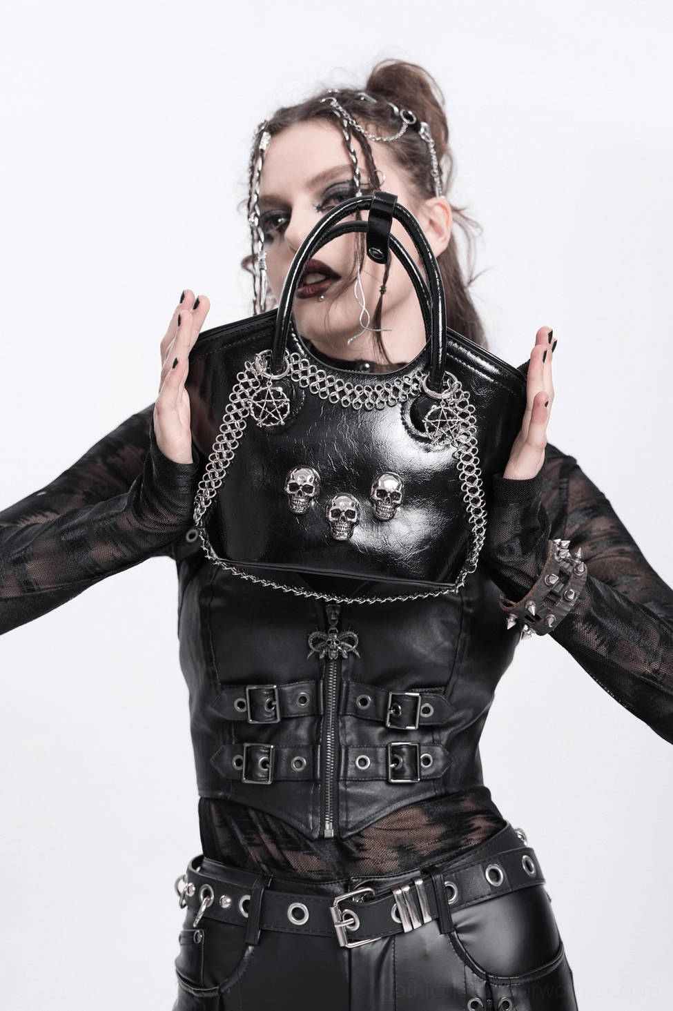 Dark aesthetic gothic tote bag with removable chain strap, skull and pentagram embellishments