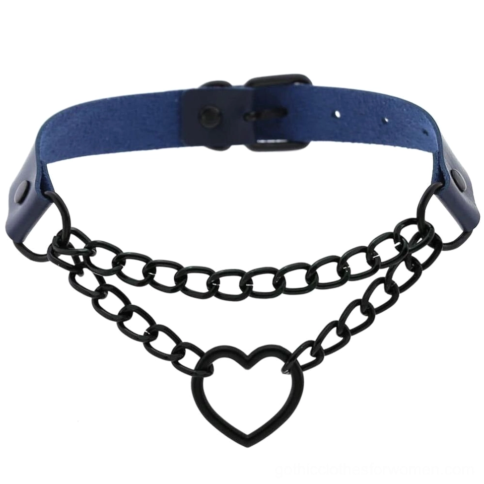 Dark blue navy leather heart choker flat lay showing double chain design and hollow heart pendant