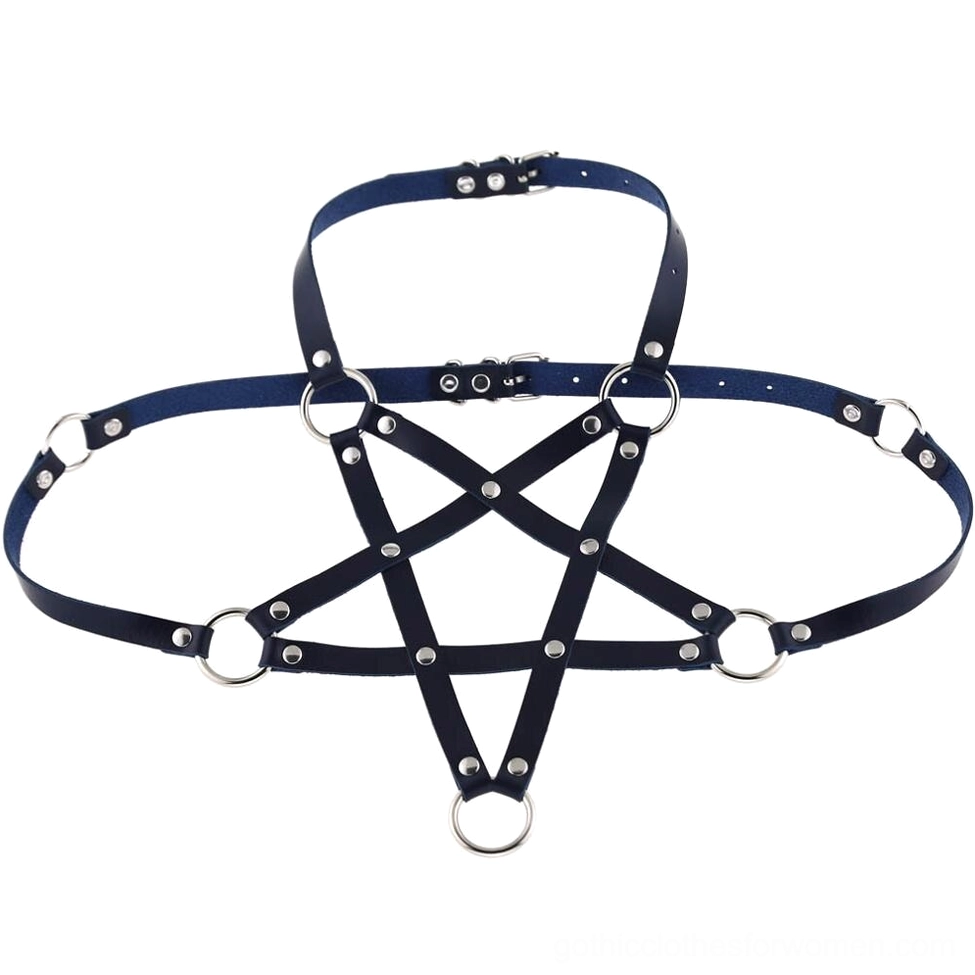 Deep blue PU leather pentagram body harness flat layout with silver metal hardware and adjustable components