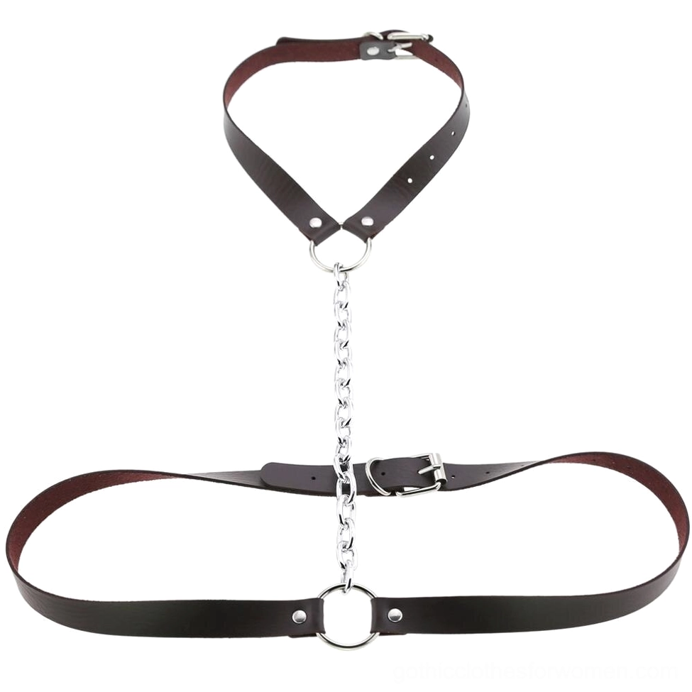 Dark brown adjustable body harness with silver metal chain links, gothic alternative fashion