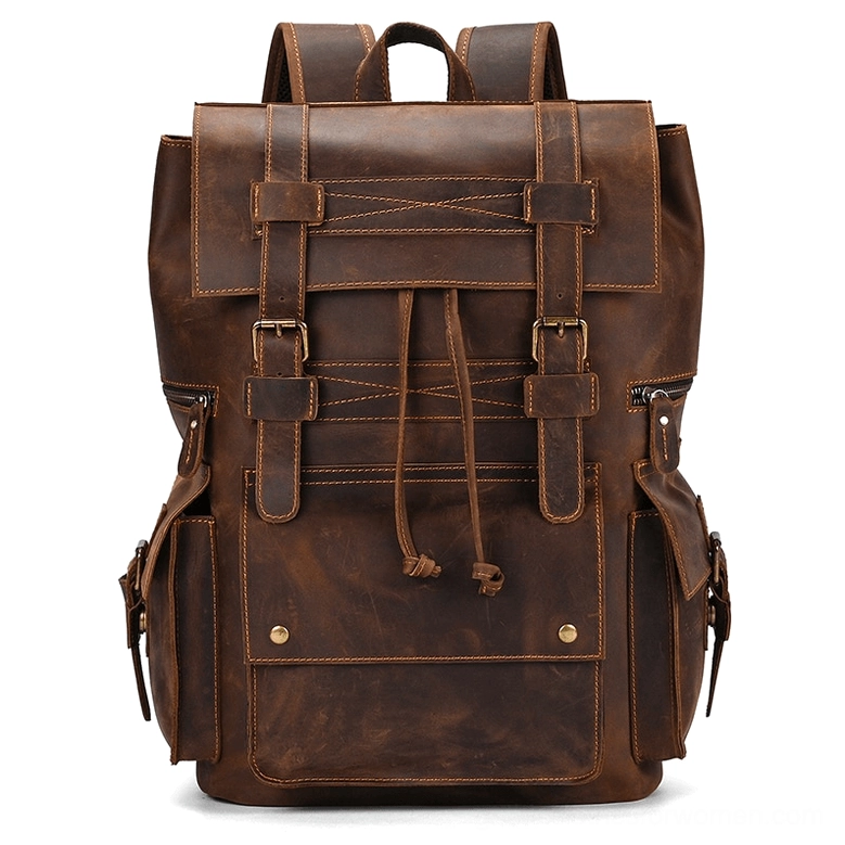 Dark brown leather gothic backpack full front view dual buckle flap closure